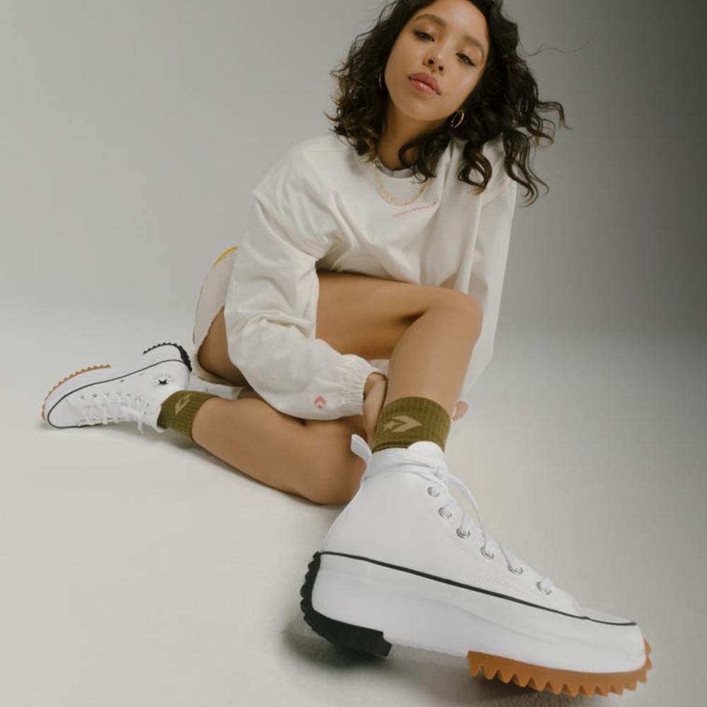 Converse White High-Top Sneakers with Black and Tan Soles